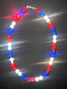 Red, white & blue w/cross Rhinestone Necklace