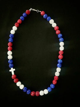 Red, white & blue w/cross Rhinestone Necklace