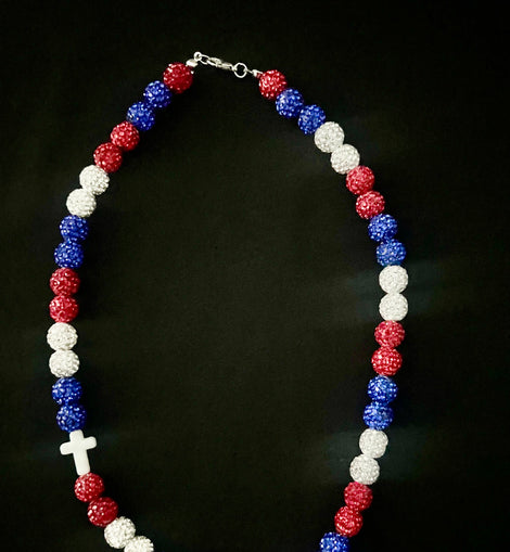 Red, white & blue w/cross Rhinestone Necklace