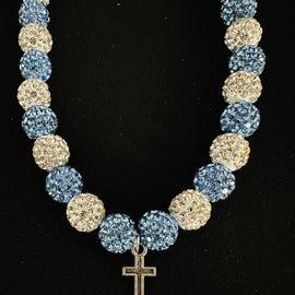 Blue & White w/ Metal Cross Charm & Rhinestone Necklace