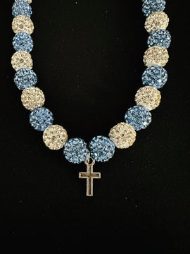 Blue & White w/ Metal Cross Charm & Rhinestone Necklace