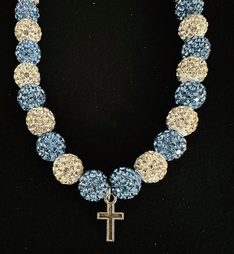 Blue & White w/ Metal Cross Charm & Rhinestone Necklace