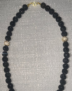 Black & Gold w/ Zirconia Ball Charm & Rhinestone Necklace