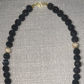 Black & Gold w/ Zirconia Ball Charm & Rhinestone Necklace