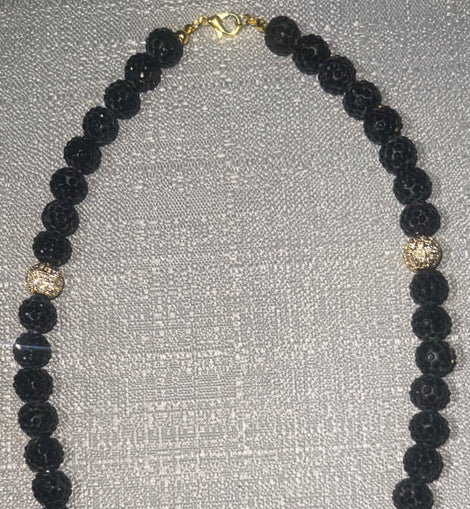 Black & Gold w/ Zirconia Ball Charm & Rhinestone Necklace